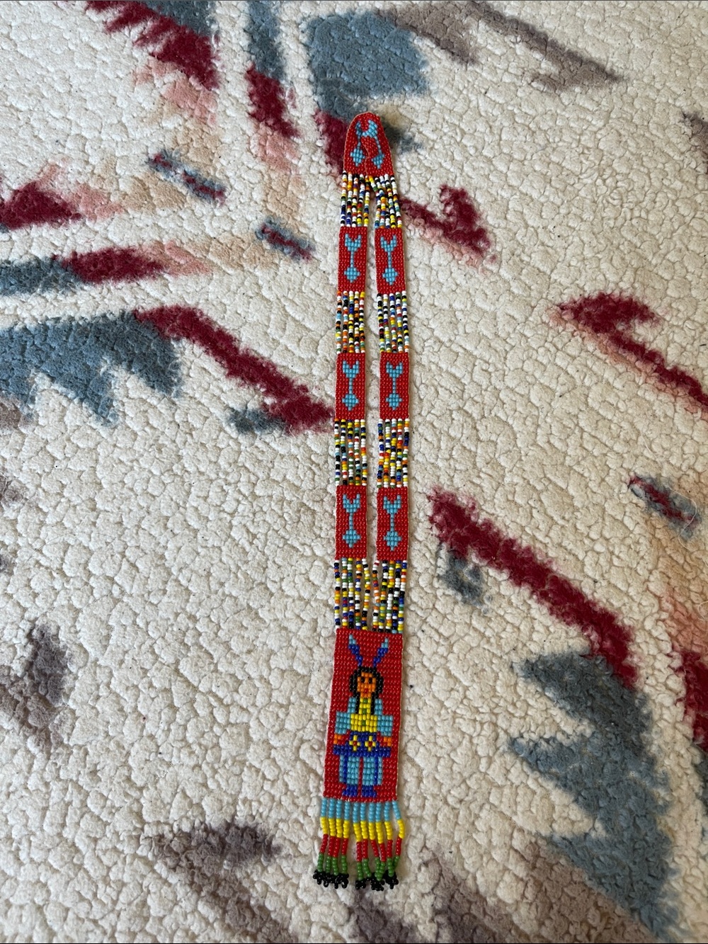 Vintage Handmade Beaded Native-Inspired Necklace with Colorful Doll Motif